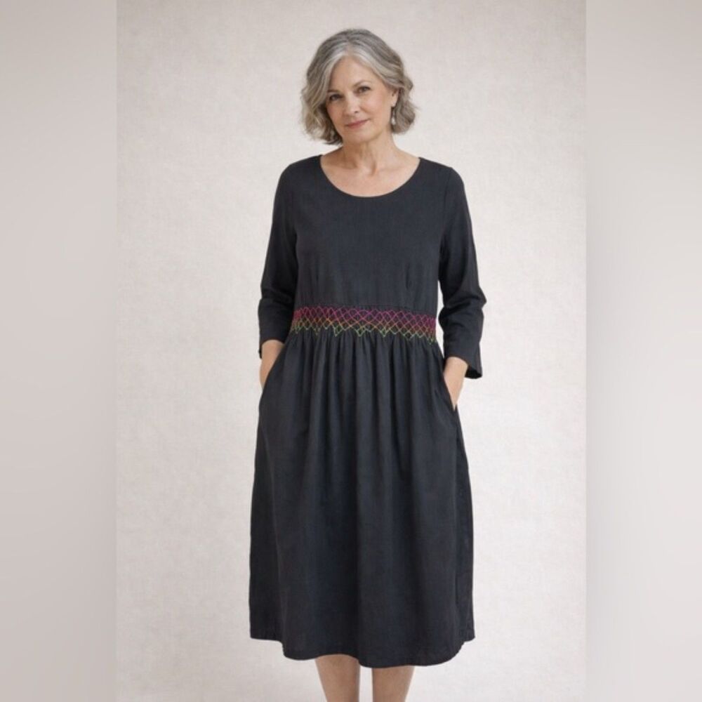 Gudrun Sjoden Black Dress Colorful Smocked Waist 3/4 Sleeve Pockets Size Small